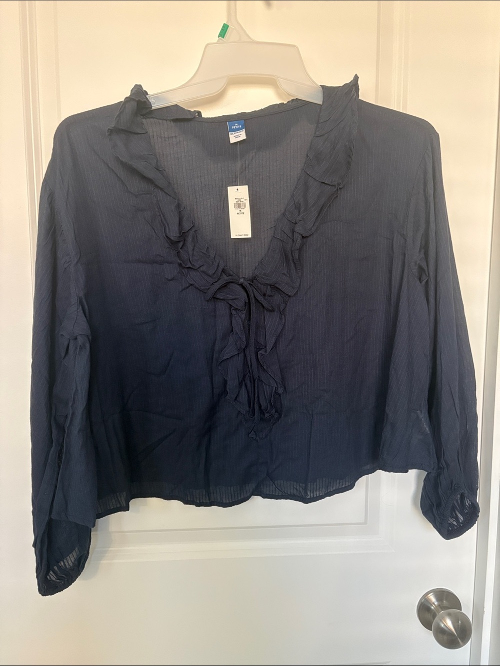 Old Navy Navy Ruffle V-Neck Tie Blouse